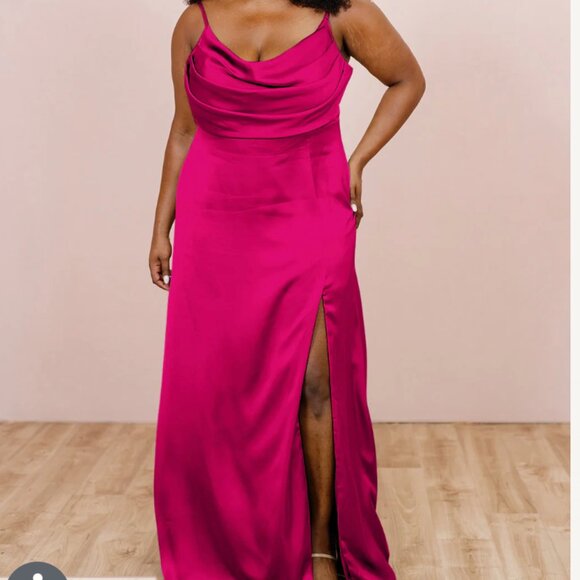 Reverly Satin Hot Pink Bridesmaid Dress - Ember Satin Dress - Picture 1 of 2